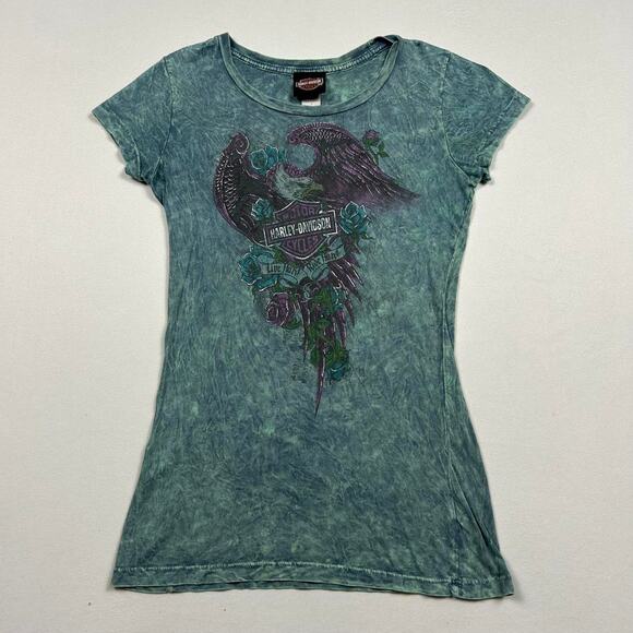 Y2K Harley Davidson Green Acid Wash Tee - Picture 1 of 7